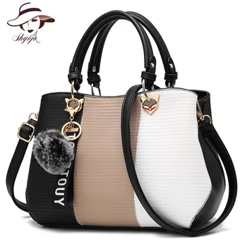 

Women Top-handle Messenger Bag Patchwork Fashion PU Leather Handbag Female Crossbody Bags Fox Tassel Casual Tote with Fur Ball