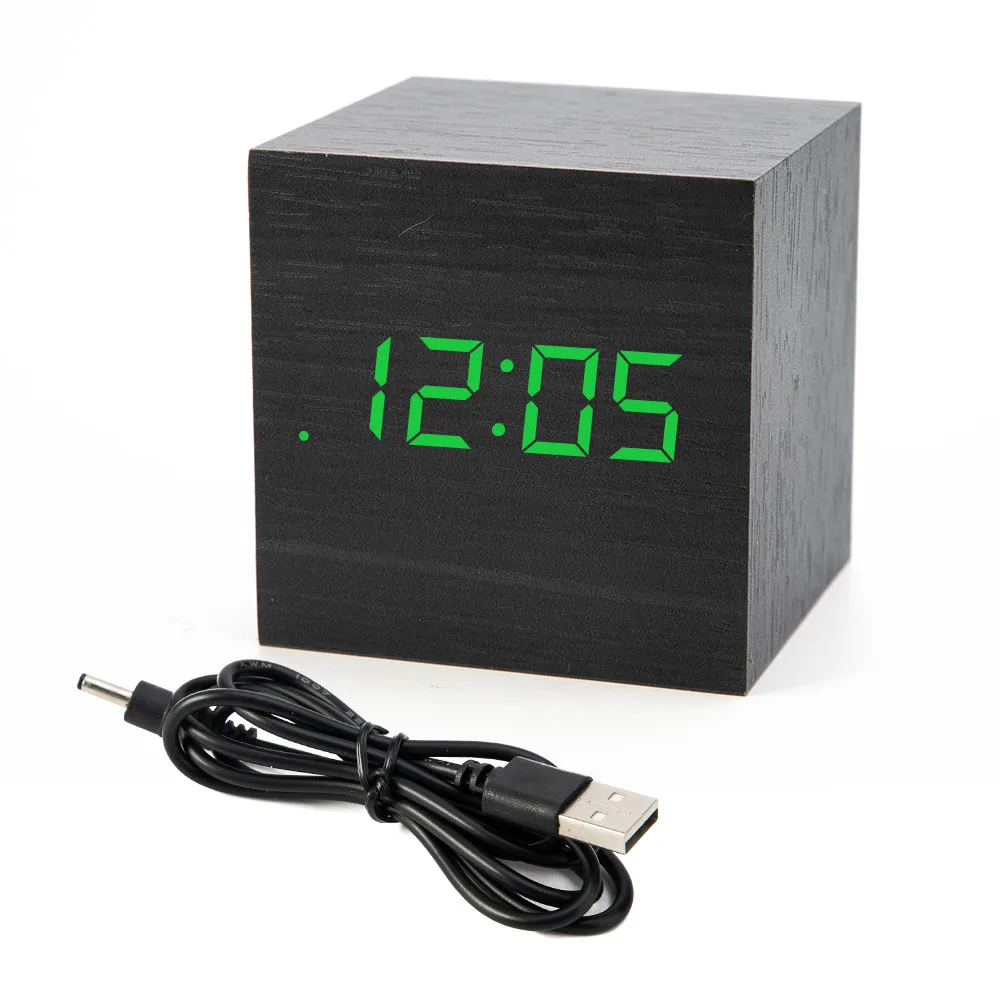Кубические деревянные часы цифровой светодиодный Настольный будильник термометр управление звуками светодиодный дисплей календарь BestSelling2018Products - Цвет: A-Black wood green