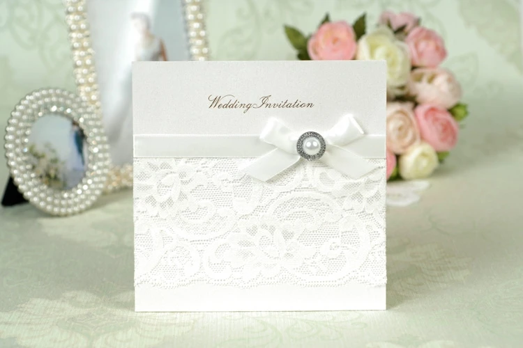 Wedding Invitation white color with lace pearl ribbon 30SET/LOT