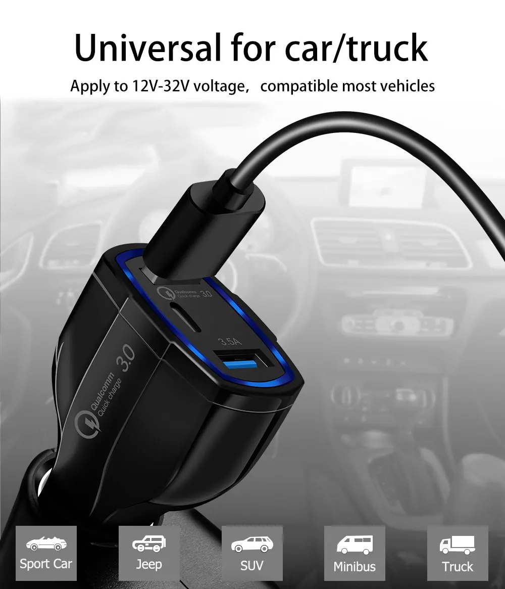 QC 3,0 быстрое зарядное устройство быстрый автомобиль 3 порта USB зарядное устройство для iPhone X XR XS MAX huawei P30 Pro samsung S10 Note 9 8 USB C быстрое зарядное устройство