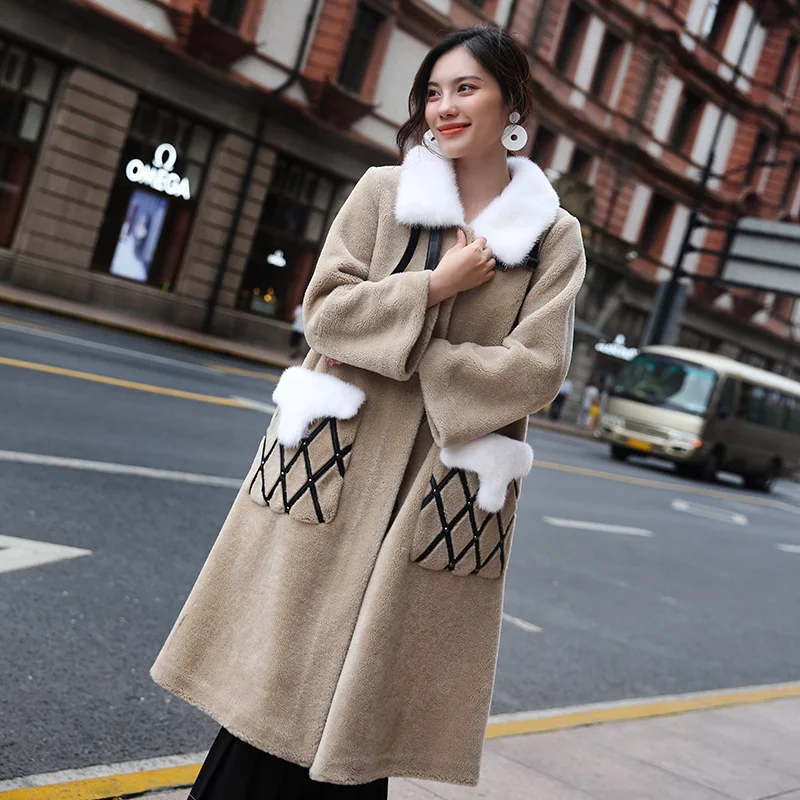 Zt1349 Col Laine Beige De Hiver Femmes 2018 Automne Manteau Veste Mouton Manteaux Coréen Vintage Fourrure Longs Vison Réel Vêtements T7H8qW8F