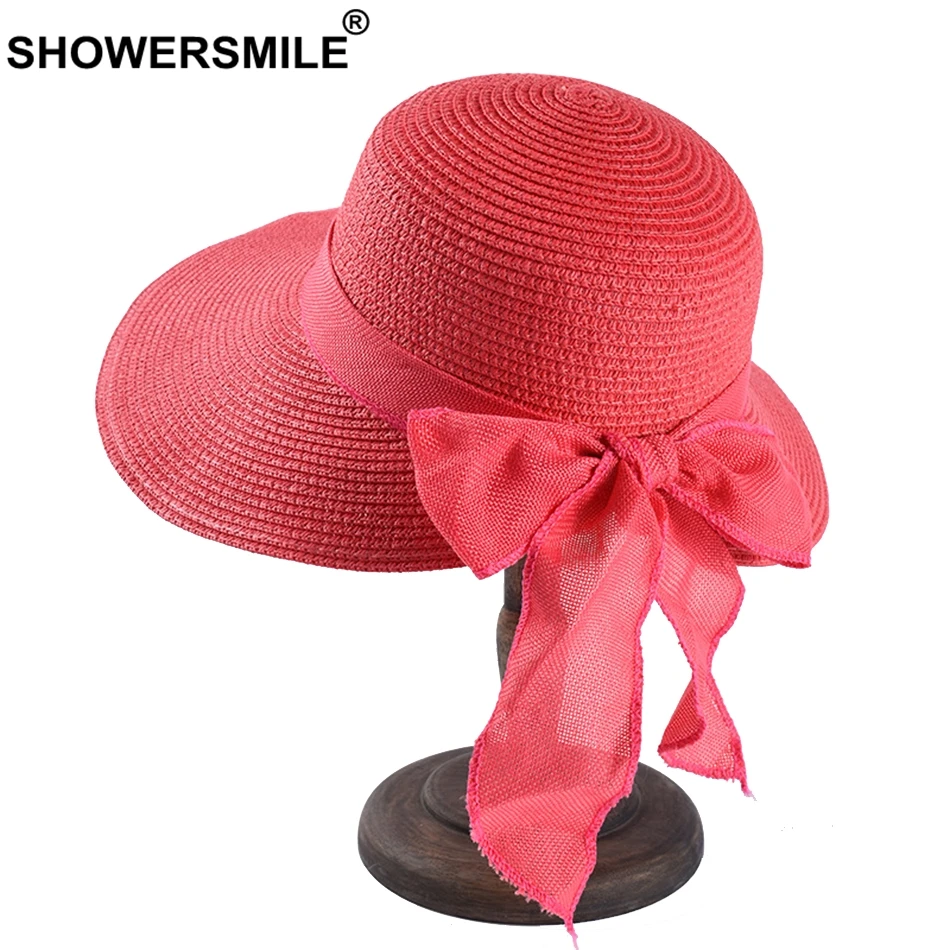 SHOWERSMILE большой соломенная шляпа с полями Для женщин 12 см Rosered женский головной убор от солнца модные бумажный с бантом Соломенная УФ-защита