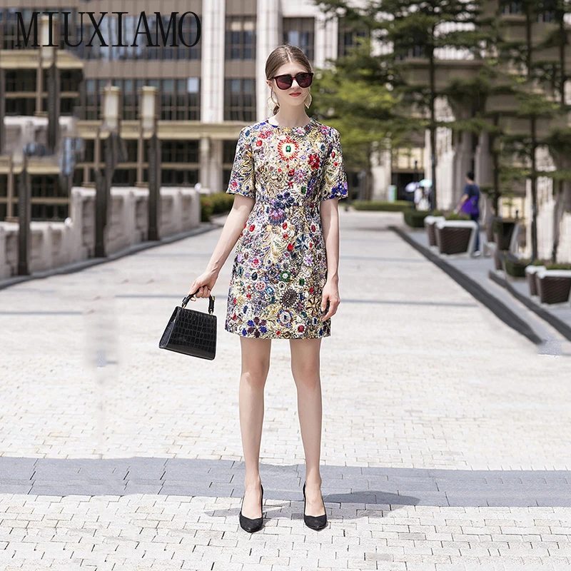

MIUXIMAO 2019 Fashion Runway Design Fall Casual Dress Women Short Tank Luxury Diamonds Flower Vintage Party Dress Women vestidos