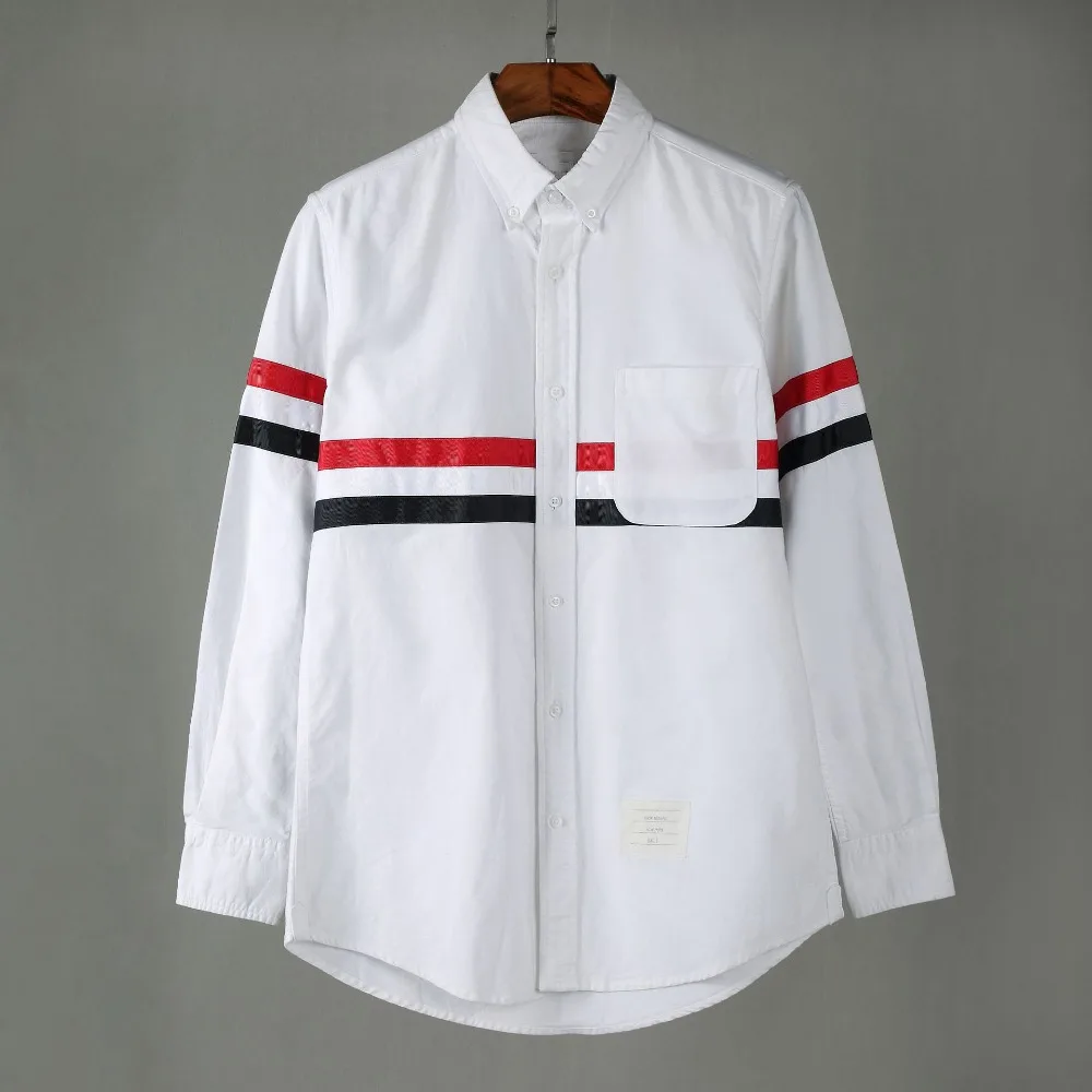 

New 2019 Men Oxford embroidery Striped Red Fashion Cotton Casual Shirts Shirt high quality Pocket long-sleeves Top M 2XL #GG4