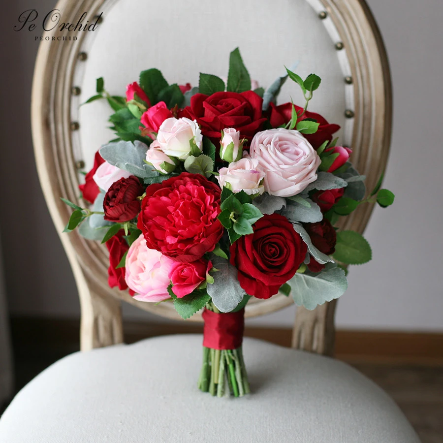 Bouquet de Fleurs Artificielles de la mariée, pivoine Rose rouge, Bouquet  de mariage, 2019 | AliExpress