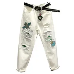 Сезон: весна-лето 2019 рваные джинсы новинки для женщин модные свободные белые блестками крест брюки девочек плюс размеры