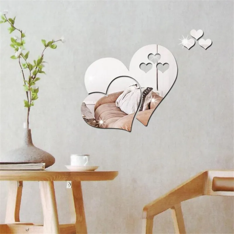 

Acrylic creative wall sticker 4 Colors Heart shape wall decor Mirror surface kitchen Living room decoration DIY 3D wall stickers