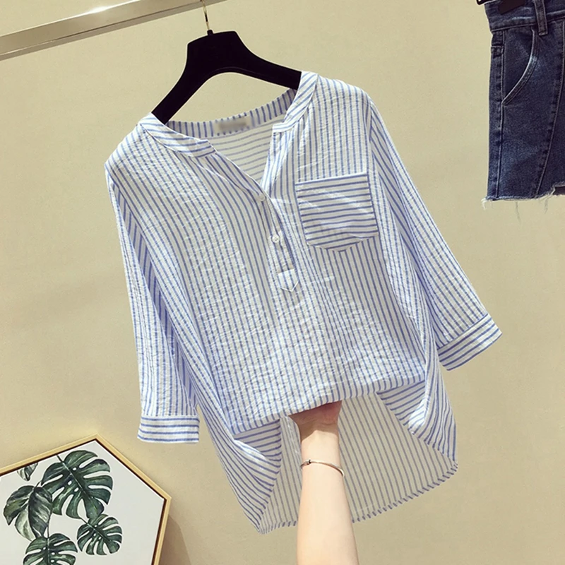 Women Summer Fashion All-match Casual Loose Concise Striped Three Quarter Sleeve Shirts