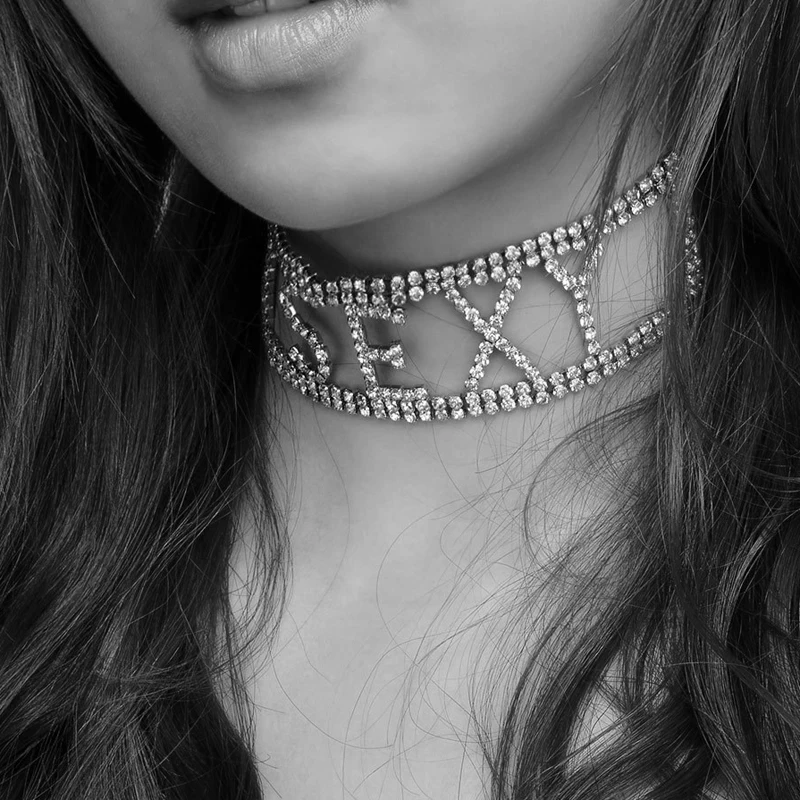 

SEXY Luxury Choker Necklaces 2019 Fashion Gothic Chocker Rhinestone Statement Necklace for Women Sexy Letter Jewelry