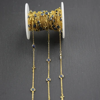 

6mm,Dark Blue Evil Eye Enamel Round Coin Beads Chains,Wire Wrapped Golden Plated Cross Copper Rosary Link Chain Necklace Jewelry