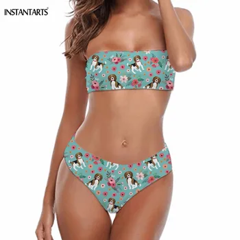 

INSTANTARTS Cute Beagle Dog Floral Pattern Woman Summer Bikini Set Bathing Suit Strapless Swimsuit High Waist Bandeau Beach Wear