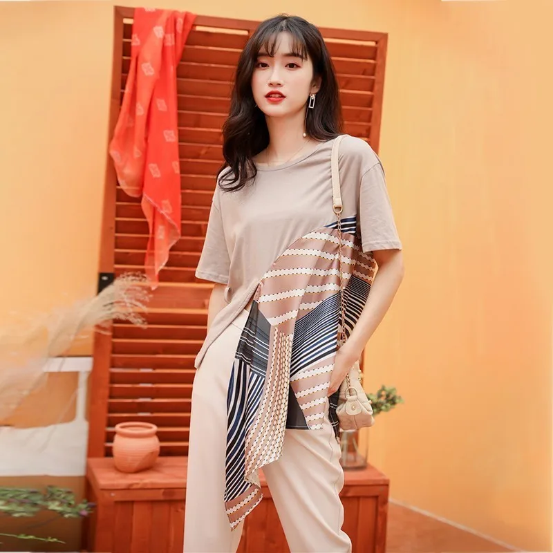 GALCAUR Irregular T-shirts Women O Neck Short Sleeve Patchwork Hit Color Asymmetrical Tops Female Summer 2020 Tide Fashion