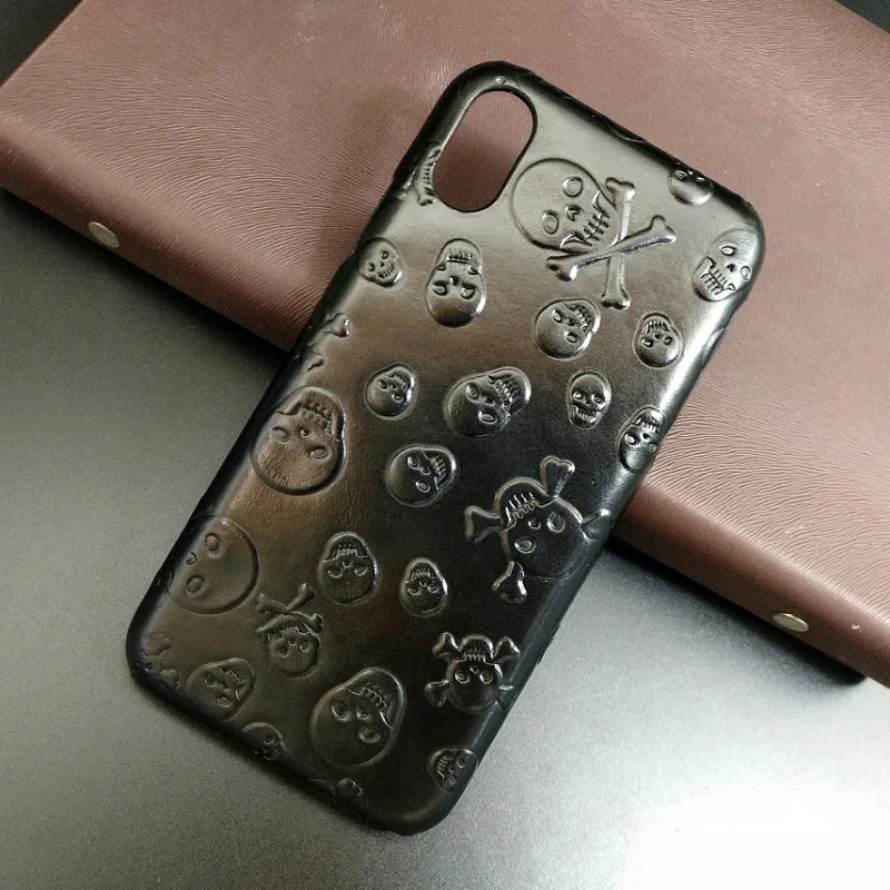 Solque Real Genuine Leather Case For iPhone X 10 Cell Phone Luxury Leather 3D Skull Ultra Slim Hard Cover for iPhoneX Cases