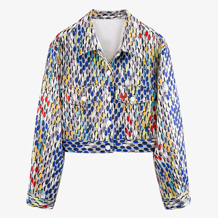 

VERDEJULIAY Runway Denim Jacket Women 2020 Autumn Spring Winter Long Sleeve Contrast Color Polka Dot Print Fashion Design Top