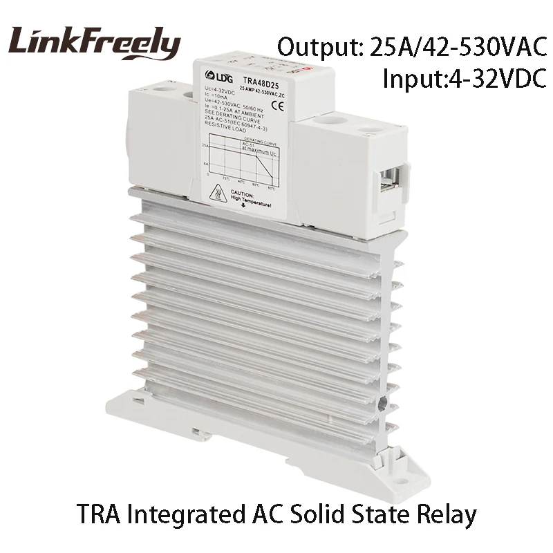 

TRA-48D25M1 5pcs Integrated Solid State Relay 25A DC to AC Ouput 42-480VAC Heat Sink Din Rail SSR Relay 5V 12V 32V 24VDC Input