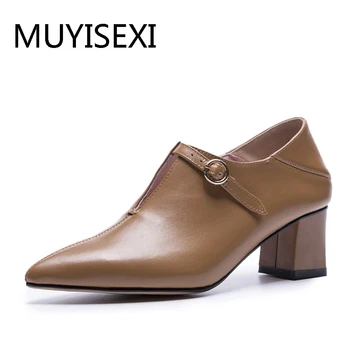 

New Buckle Strap Heels Pumps Front Hollow Butterfly Casual Footwear Genuine Leather Comfortable Shoes plus size PL06 MUYISEXI