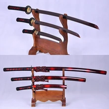 SAMURAI JANPANESE SWORDS SET (KATANA+WAKIZASHI+TANTO) FULL TANG DAMASCUS FOLDED STEEL BLACK & RED BLADE VERY SHARP BATTLE READY