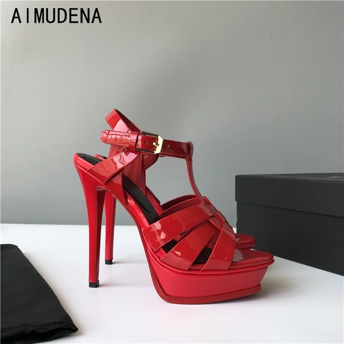 Solid Patent Leather Platform Buckle Strap Thin High Heels Sandals Concise Elegant Red Pink  Party Shoes 