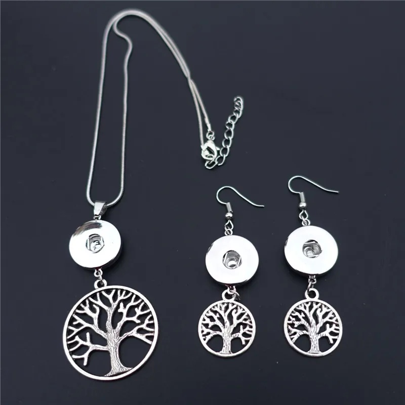 

Tree of Life Necklace Earrings Jewelry Set 42cm Length Snake Chain Isolated Disc Charms 18mm Snap Buttons 12 sets / Lot