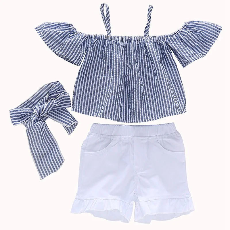 Baby Girls Summer Outfit Sets Off Shoulder Tops with Cotton Shorts Clothing Set