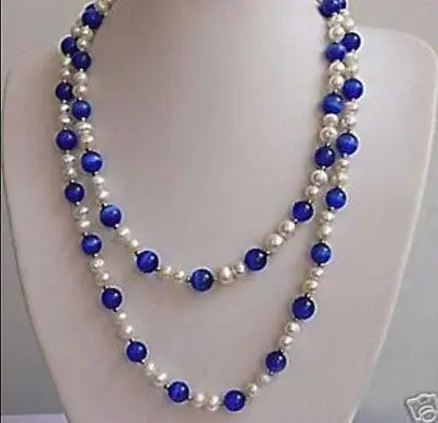 

FREE SHIPPING48 inches beautiful White pearl&Blue opal necklace 7-8MM