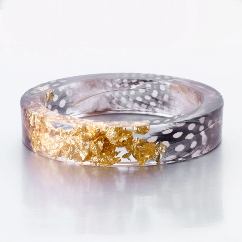 

New Handmade Bracelets & Bangles Resin Bangle for Women with Gold Flake and Feather Inside Vintage Jewelry Pulseira 65mm