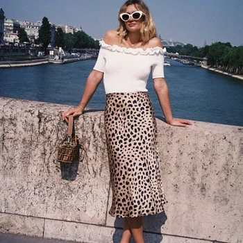 

Hot Sale High Waist Leopard Midi Skirt Female Hidden Elasticized Waistband Silk Satin Skirts Slip Style Animal Print Skirt Women
