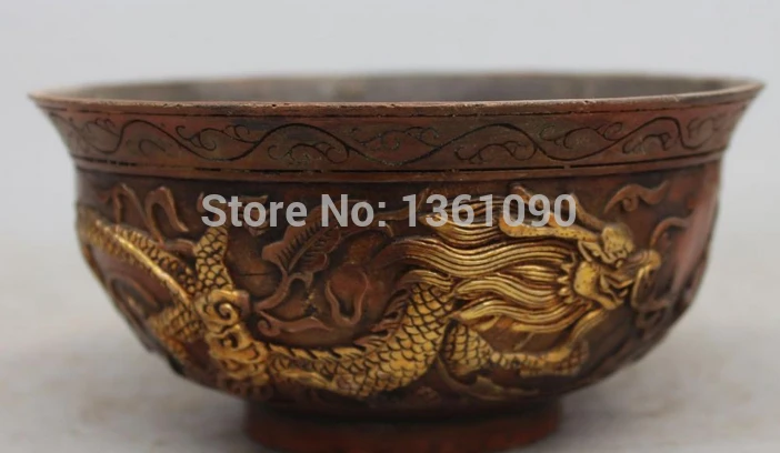 

xd 001139 15CM Marked Chinese Bronze Gilt Emperor Royalty Dragon Bowl Cup Statue Sculpture