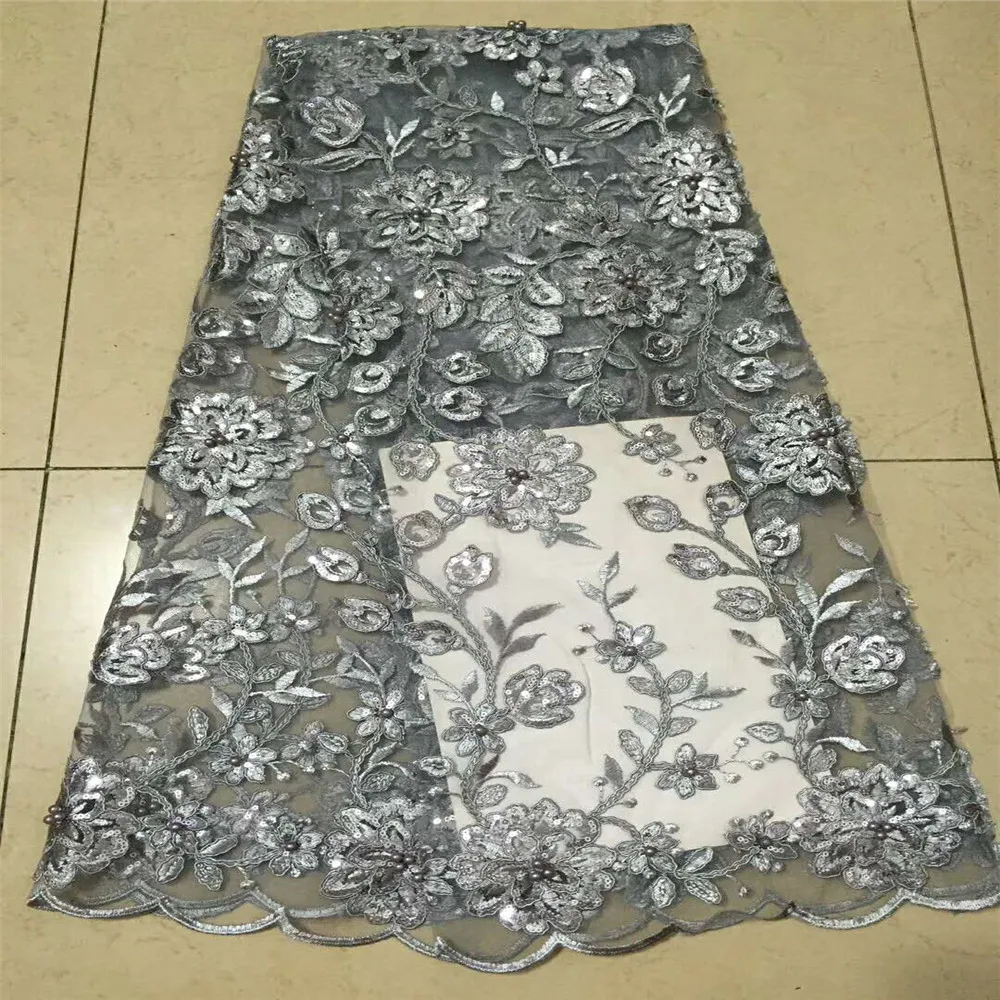 

Plain Silver Grey African Style High Quality French Sequin Net Lace Fabric For Dress X509-6