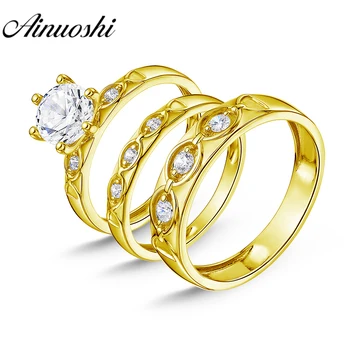 

AINUOSHI Real Gold TRIO Rings Bridal Rings Set 3 Stone Wedding Band Engagement Jewelry 14K Solid Yellow Gold Couple Rings Sets
