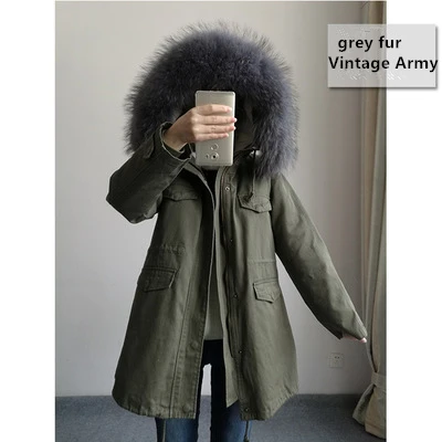 grey fur Натуральный мех пальто Высокое качество длинные из натуральной зимняя куртка Для женщин парки енот меховой воротник с капюшоном Куртка женская с подкладкой - Цвет: grey fur