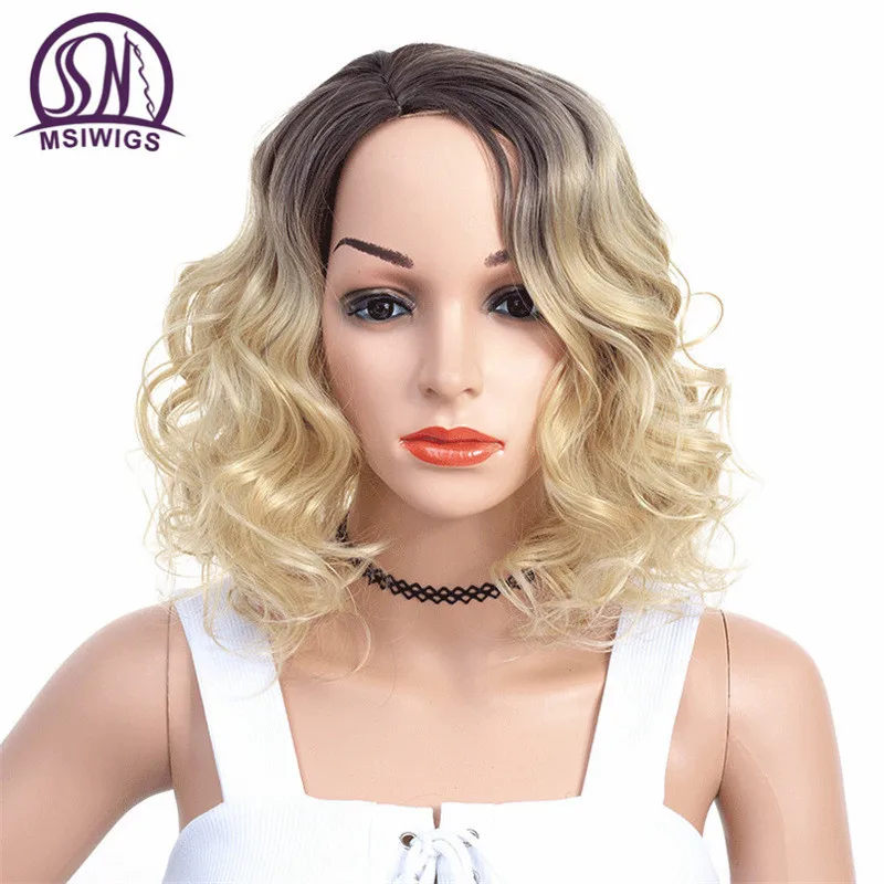 

MSIWIGS Blonde Synthetic Wigs for Women Curly Short Wig Side Parting Natural American European Hair Heat Resistant Ombre Wigs