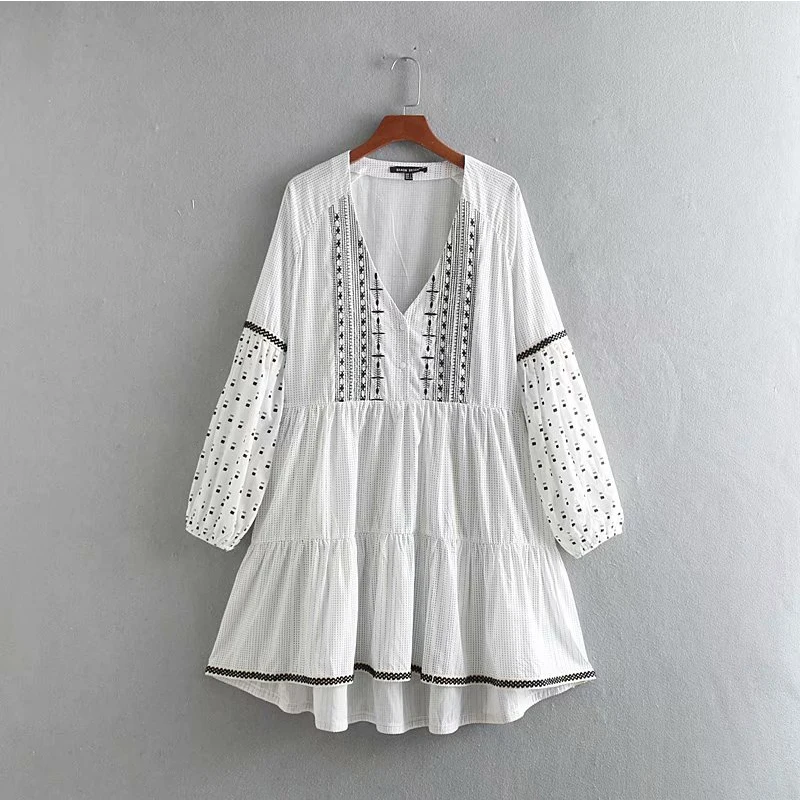 Women's Clothing Dress 2019 Cotton Deep V-Neck Embroidered Loose Dress Ms Summer Street Sexy Leisure Temperament Clothing