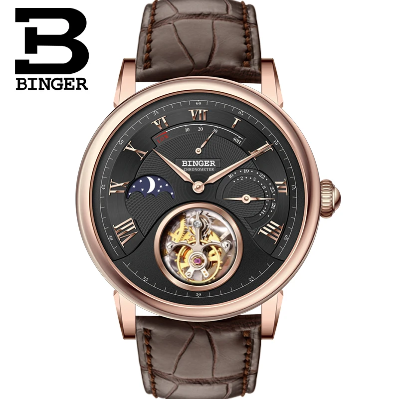 Швейцарские часы BINGER, мужские брендовые роскошные механические часы с автоматическим перемещением чайки, мужские часы с турбийоном, сапфиром, аллигатором