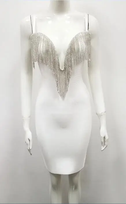 5 цветов Бисер облегающее платье с кисточками Для женщин Vestidos модное сексуальное нижнее белье с глубоким v-образным вырезом в ретро-стиле; элегантные облегающие вечерние платья - Цвет: Белый