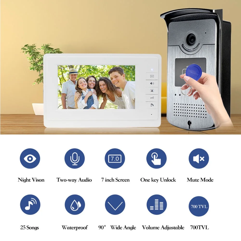 Проводной Домашний 7 ''цветной видеодомофон RFID камера с 1 монитором видео-телефон двери 500 пользователя для квартиры с металлическим электрическим замком