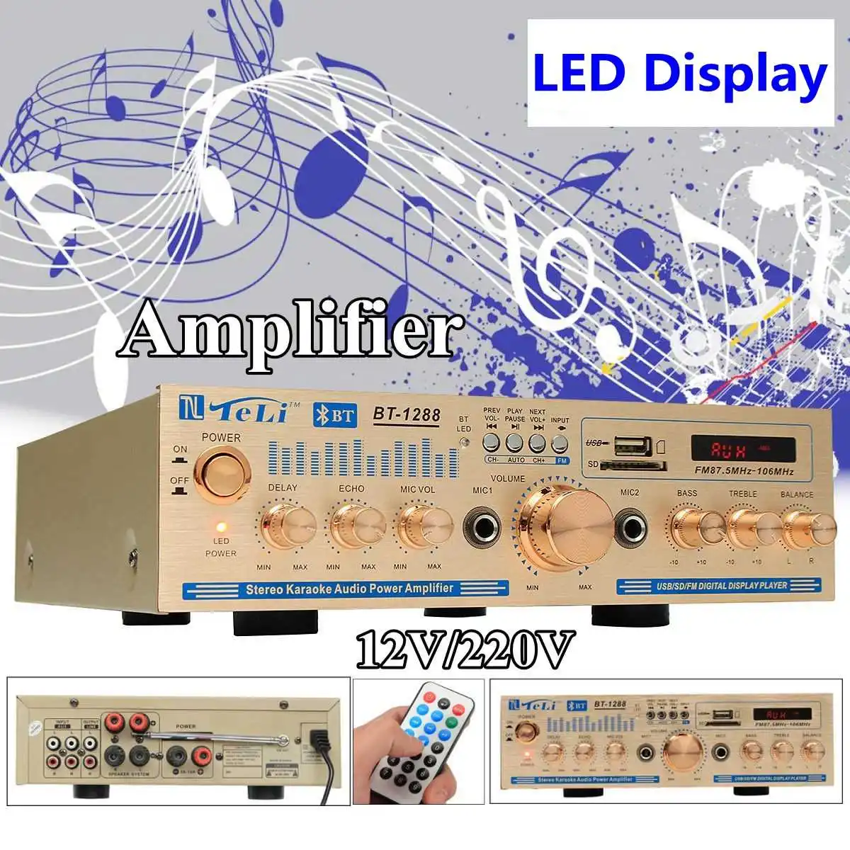 AUX Audio Signal Input Teli BT-1228 600W Karaoke 5CH Stereo bluetooth Amplifier Board VU Meter Support FM USB SD with Remote