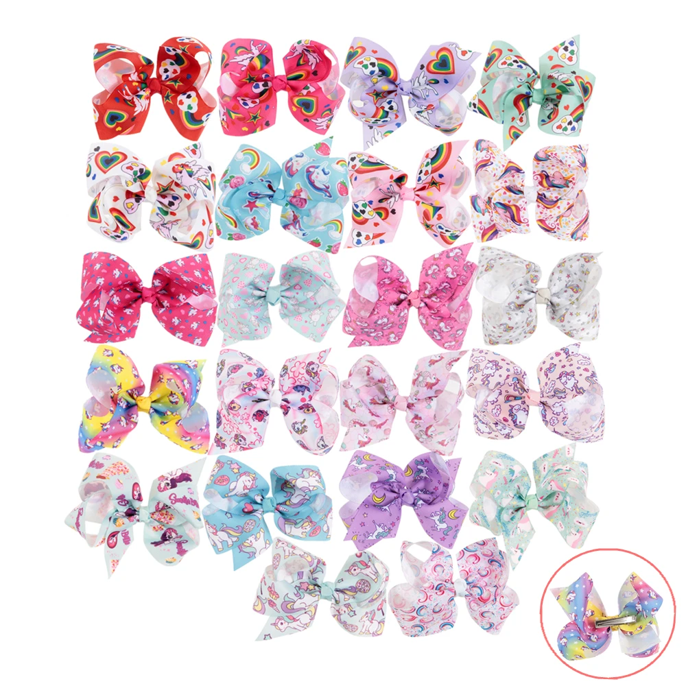 

Cute 22 Colors 4.8" Unicorn Horn Ribbon Bow Hair Clips Rainbow Printed Cartoon Hair Bows Baby Christmas Gift Hair Accessories