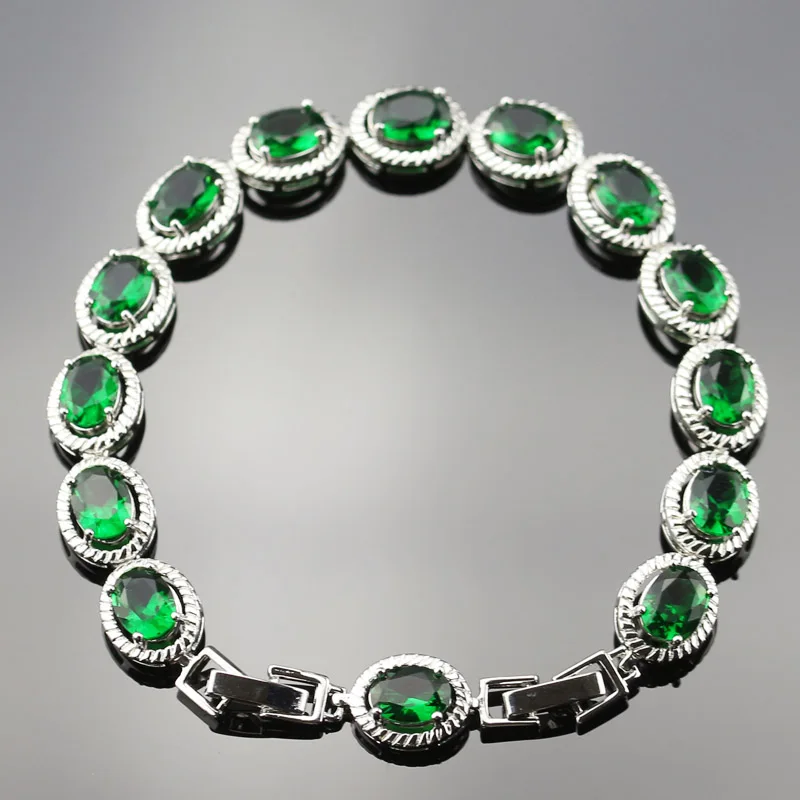 Green Created Emerald Bracelets For Women Silver Color Link & Chain
