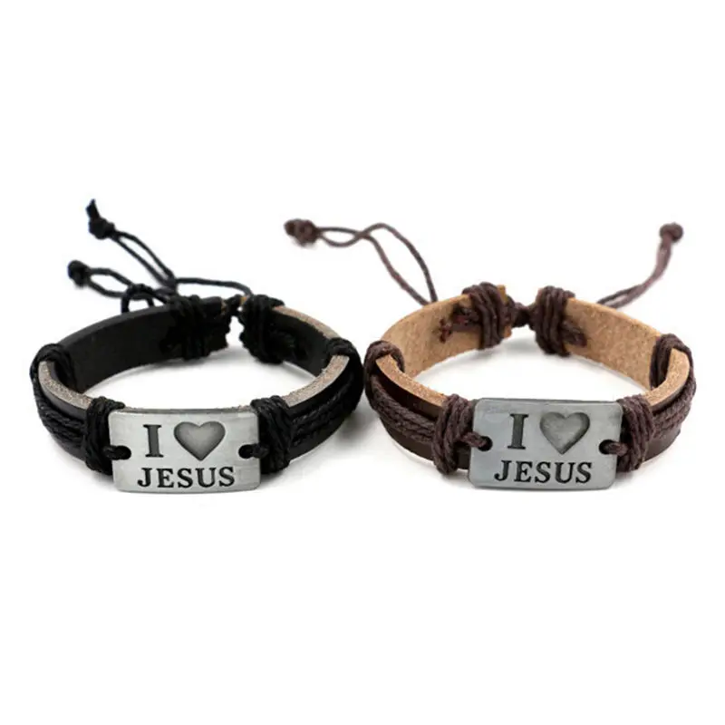 

Religion Anniversary Gifts I LOVE JESUS Christians Souvenirs Unisex Handmade Leather Bracelet Vintage Casual Boys Punk Bracelets