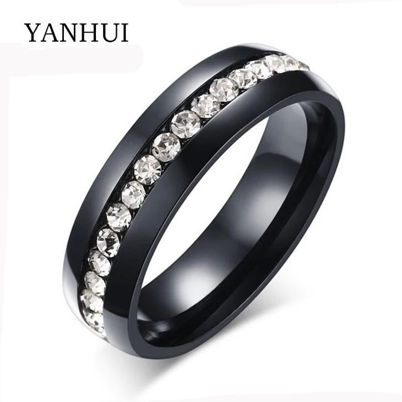 YANHUI Never Fade титановое черное кольцо Новая мода ювелирные изделия Блестящий горный хрусталь шикарный подарок обручальные кольца для мужчин и женщин R-005B