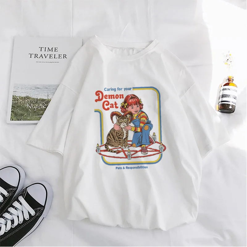Модная забавная винтажная женская футболка с демоном котом, летние топы и футболки размера плюс, винтажные футболки с круглым вырезом и коротким рукавом Tumblr