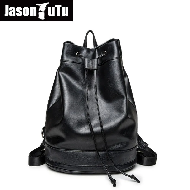 

Male backpack for Teenager Drawstring schoolbag back pack Good quality Black PU leather Men's backpack Mochila Rucksack B606