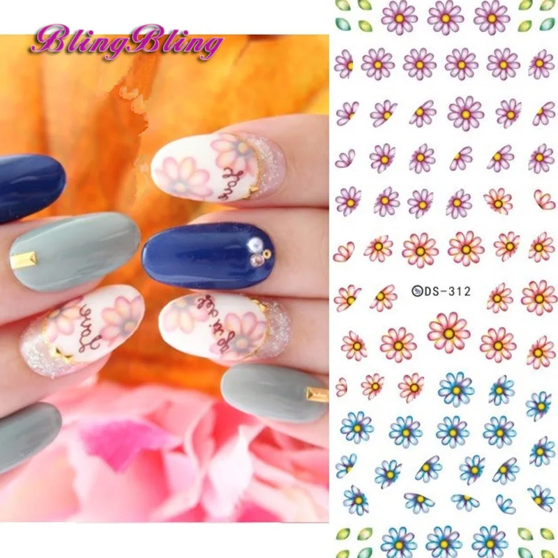 1pcs Flower Nail Water Decals Colorful Floral Leaves Feather Designs ...