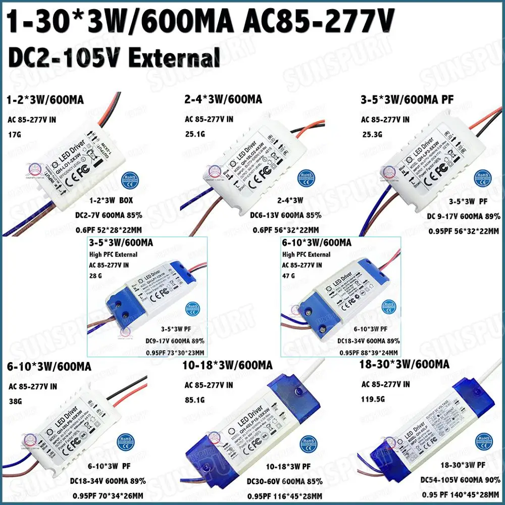 Внешнее 2-60W AC85-277V светодиодный драйвер 1-2x3W 2-4x3W 3-5x3W 6-10x3W 10-18x3W 18-30x3W 600mA DC2-105V постоянного тока с бесплатной доставкой