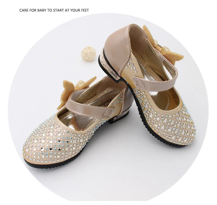 Обувь на высоком каблуке для девочек золотые Серебряное платье обувь весна принцесса обувь корейский лук кожа тонкие сверкающие стразы
