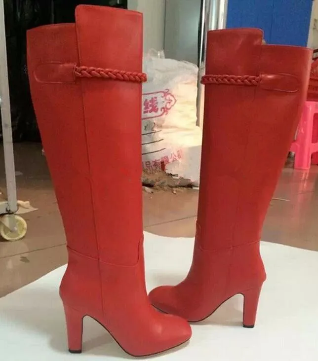 Красные женские сапоги высокого качества с ремешком без шнуровки высокий каблук натуральная кожа толстый высокий каблук модные женские сапоги
