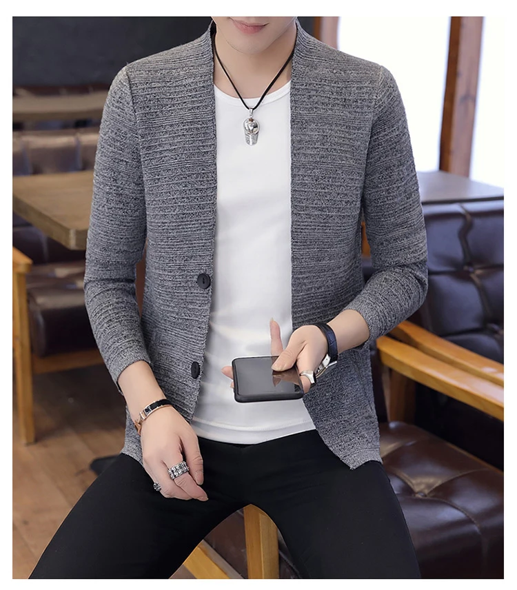 2018 новые осенние Для мужчин Slim Fit свитера кардиган мужской черный свитер серого цвета кардиганы Sweatercoat Повседневное v-образным вырезом