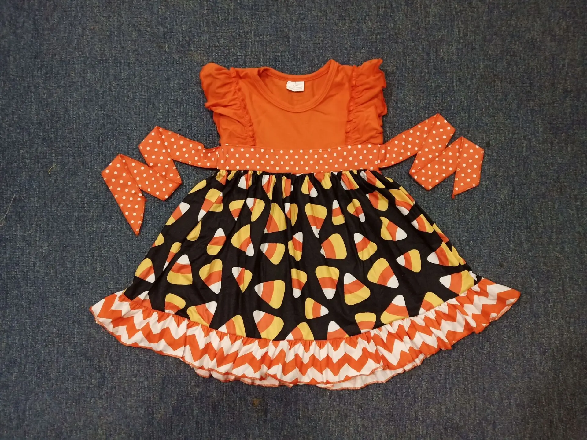 

hot sell girls cute halloween dress candy corn pattern with belt boutique kids clothing