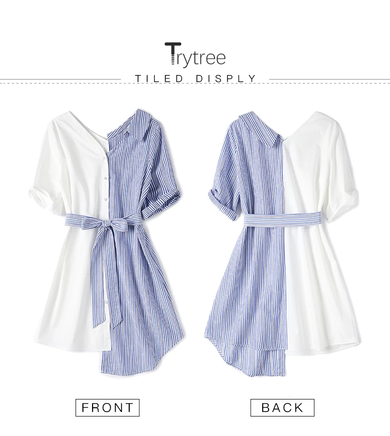 Trytree лето осень хлопок платье женское повседневное в тонкую полоску рубашка половина рукав розовый белый А-силуэт Асимметричное Платье синее платье